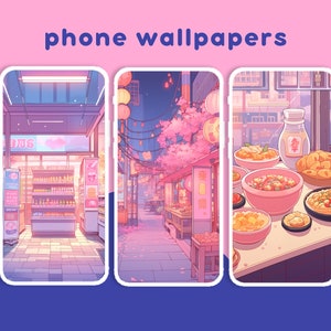 May include: Three phone wallpapers featuring a Japanese street scene with a convenience store, a night market with cherry blossoms, and a food stall with various dishes. The wallpapers are in a pink and purple colour scheme.