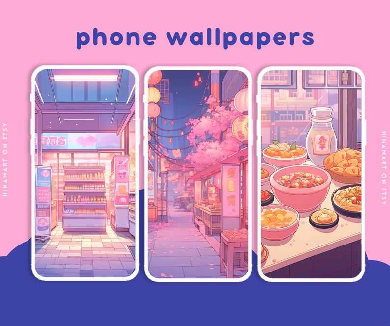 May include: Three phone wallpapers featuring a Japanese street scene with a convenience store, a night market with cherry blossoms, and a food stall with various dishes. The wallpapers are in a pink and purple colour scheme.