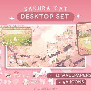 Sakura Cats Lofi Desktop Set Wallpapers Icons Pink Cute Desktop Organizer Kawaii Flowers Folder Background Windows Mac Bundle Pack Aesthetic