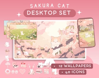 Sakura Katzen Lofi Desktop Hintergrundbilder Icons Pink Cute Desktop Organizer Kawaii Blumen Ordner Hintergrund Windows Mac Bundle Aesthetic