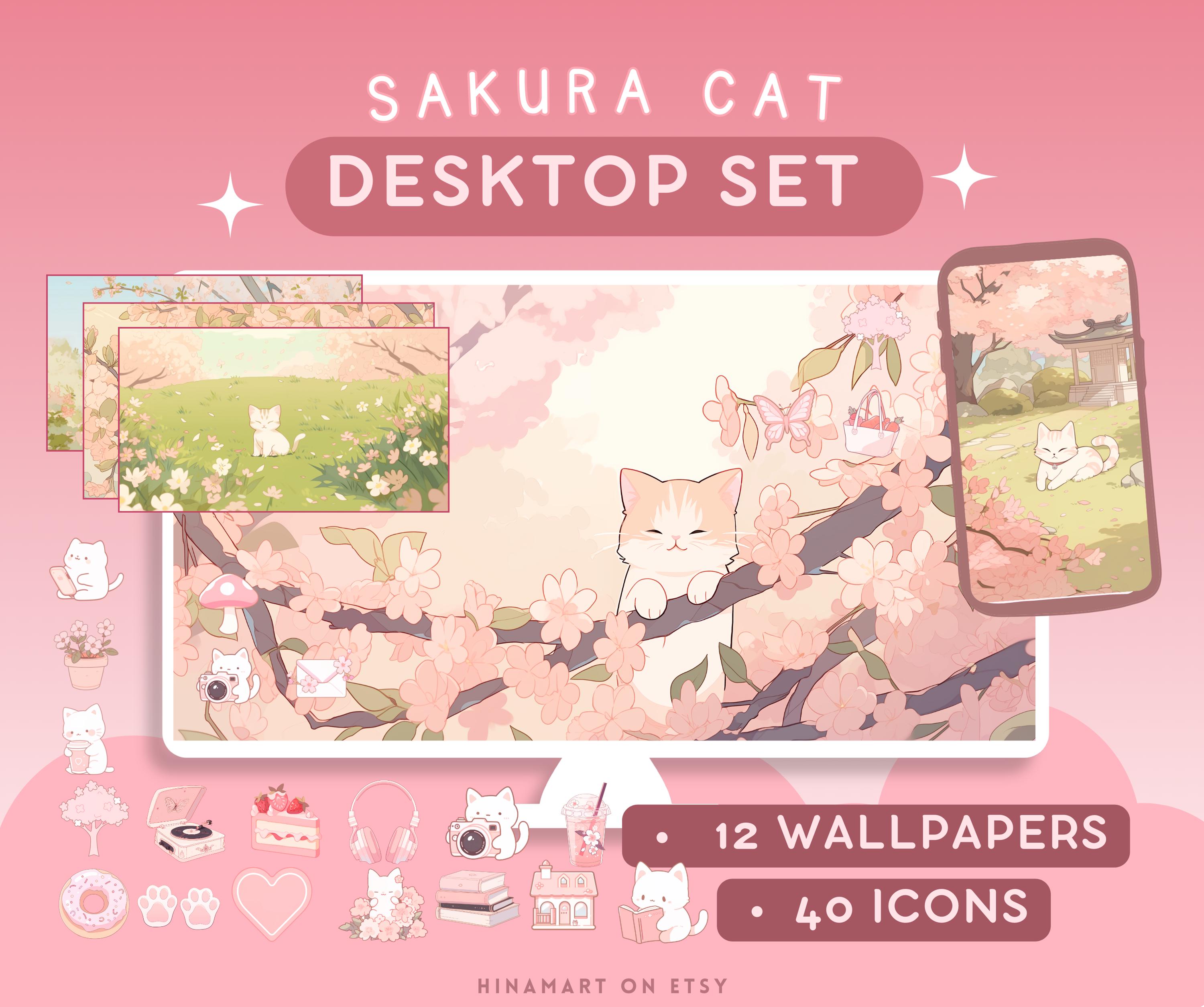その他 DESKTOP cute Sakura Cats Lofi Desktop Set Wallpapers Icons Pink Cute Desktop