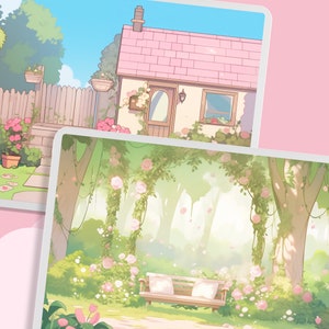 May include: A digital illustration of a pink cottage with a white picket fence and a lush green garden. The cottage has a white door and windows, and a small porch with a white railing. The garden is filled with flowers and trees, and there is a path leading to the cottage.