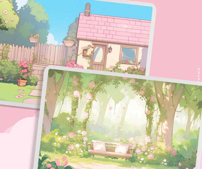 May include: A digital illustration of a pink cottage with a white picket fence and a lush green garden. The cottage has a white door and windows, and a small porch with a white railing. The garden is filled with flowers and trees, and there is a path leading to the cottage.
