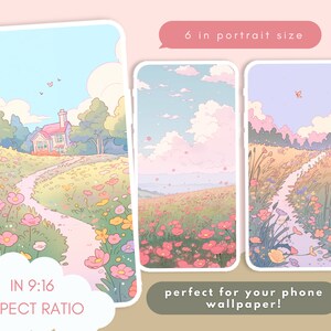 May include: Three digital phone wallpapers featuring a pastel colored landscape with a winding path through a field of flowers. The text "IN 9:16 ASPECT RATIO" is on the left wallpaper. The text "6 in portrait size" is on the top wallpaper. The text "perfect for your phone wallpaper!" is on the bottom wallpaper.