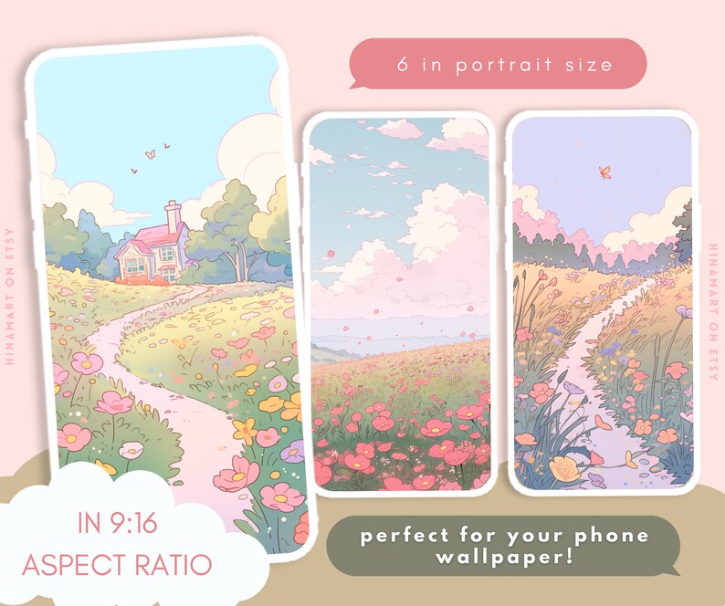 May include: Three digital phone wallpapers featuring a pastel colored landscape with a winding path through a field of flowers. The text "IN 9:16 ASPECT RATIO" is on the left wallpaper. The text "6 in portrait size" is on the top wallpaper. The text "perfect for your phone wallpaper!" is on the bottom wallpaper.