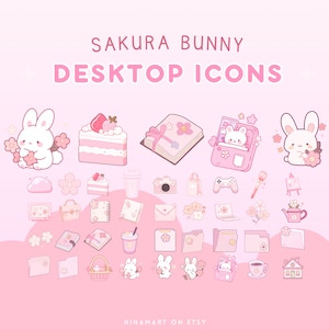 Conjunto de iconos de escritorio rosados de Sakura Bunny, lindo icono de organizador de escritorio, icono de carpeta de conejitos kawaii, iconos de Windows y Mac, conejos florales estéticos