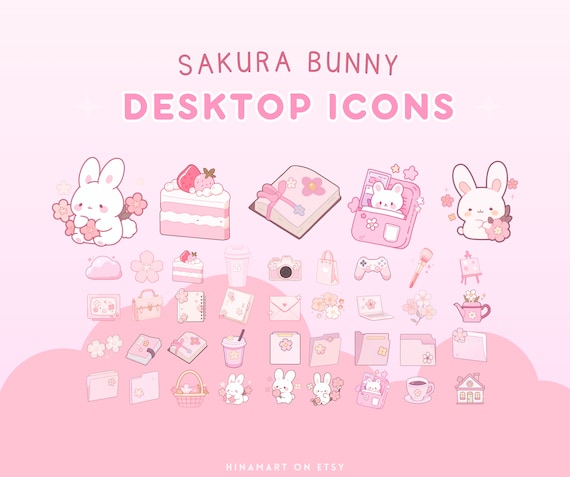 Sakura Bunny Pink Desktop Icons Set Cute Desktop Organizer Icon Kawaii Bunnies Folder Icon Windows Mac Icons Aesthetic Floral Rabbits