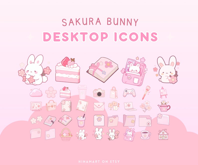 May include: Pink digital desktop icons featuring a sakura bunny theme. The icons include a bunny, cake, book, game console, cloud, flower, camera, and more. Text reads "Sakura Bunny Desktop Icons".