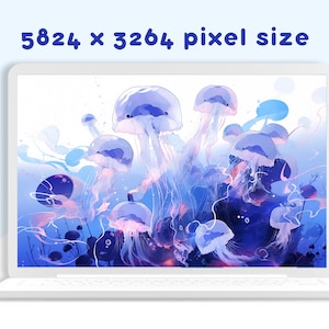 May include: A digital illustration of a group of jellyfish in a blue and purple underwater scene. The jellyfish are translucent and have long, flowing tentacles. The background is a blur of blue and purple colors, with hints of pink and white.