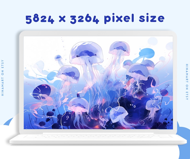 May include: A digital illustration of a group of jellyfish in a blue and purple underwater scene. The jellyfish are translucent and have long, flowing tentacles. The background is a blur of blue and purple colors, with hints of pink and white.