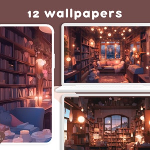 Cozy library aesthetic book lovers wallpaper bundle pack brown background desktop tablet phone wallpapers autumn soft digital download