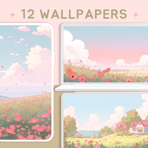 May include: A set of 12 digital wallpapers featuring a pastel pink and blue color scheme with a field of pink flowers and a cloudy sky. The wallpapers are designed for both phone and computer screens.