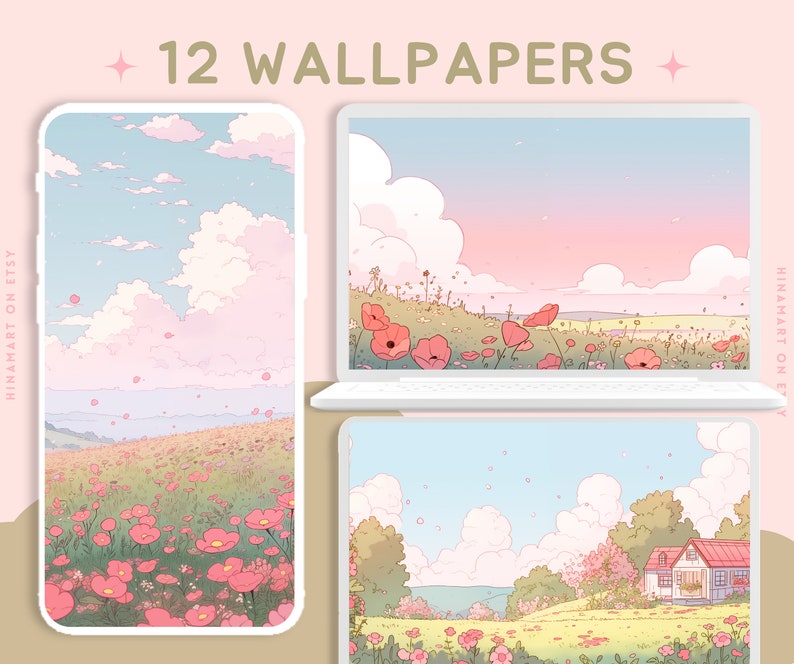 May include: A set of 12 digital wallpapers featuring a pastel pink and blue color scheme with a field of pink flowers and a cloudy sky. The wallpapers are designed for both phone and computer screens.