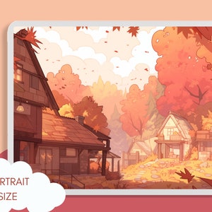 May include: A digital illustration of a charming village nestled in a forest with autumn foliage. The houses are painted in warm colours with brown roofs and windows. The trees are a mix of orange, yellow, and red. The sky is a soft blue with white clouds.