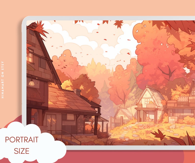 May include: A digital illustration of a charming village nestled in a forest with autumn foliage. The houses are painted in warm colours with brown roofs and windows. The trees are a mix of orange, yellow, and red. The sky is a soft blue with white clouds.