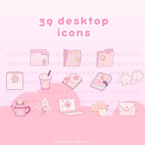 May include: A collection of 39 desktop icons in a soft pink color scheme. The icons include folders, a drink, a book, a teapot, a laptop, flowers, and an envelope, all adorned with floral designs. The text "39 desktop icons" is displayed at the top.