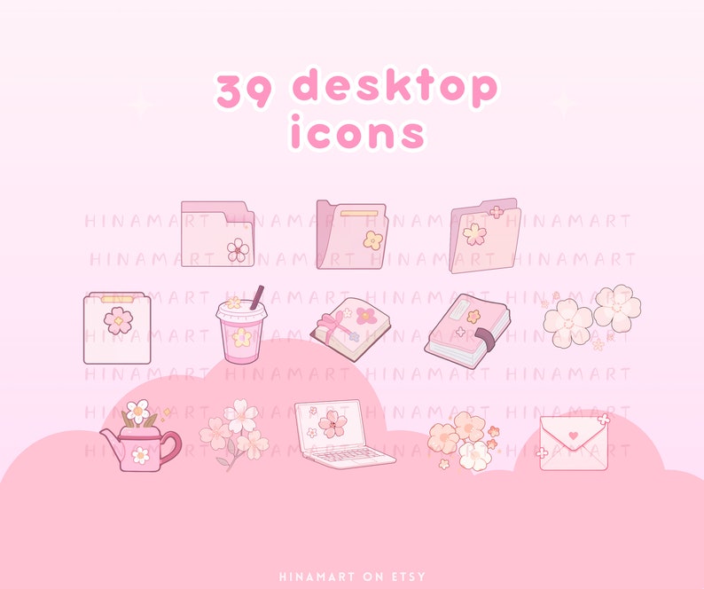 May include: A collection of 39 desktop icons in a soft pink color scheme. The icons include folders, a drink, a book, a teapot, a laptop, flowers, and an envelope, all adorned with floral designs. The text "39 desktop icons" is displayed at the top.
