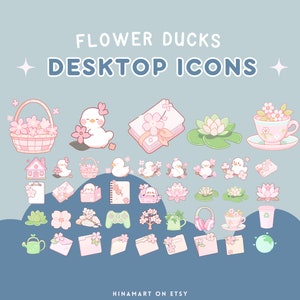 Conjunto de iconos de escritorio de patos de flores Sakura, lindo icono de organizador de escritorio, icono de carpeta de pato kawaii, iconos de Windows y Mac, plantas estéticas, flores