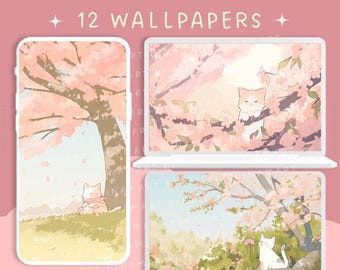 Sakura Katzen Wallpaper niedliche japanische Tapete Kätzchen Blumenästhetik Kirschblüten Wallpapers rosa Desktophintergrund kawaii Hintergrund