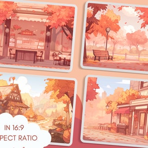 May include: Four digital illustrations of autumn scenes in a 16:9 aspect ratio. The scenes feature a bakery, a park, a country road, and a street with a shop. The illustrations are in a cartoon style with warm colours and a soft, whimsical feel.
