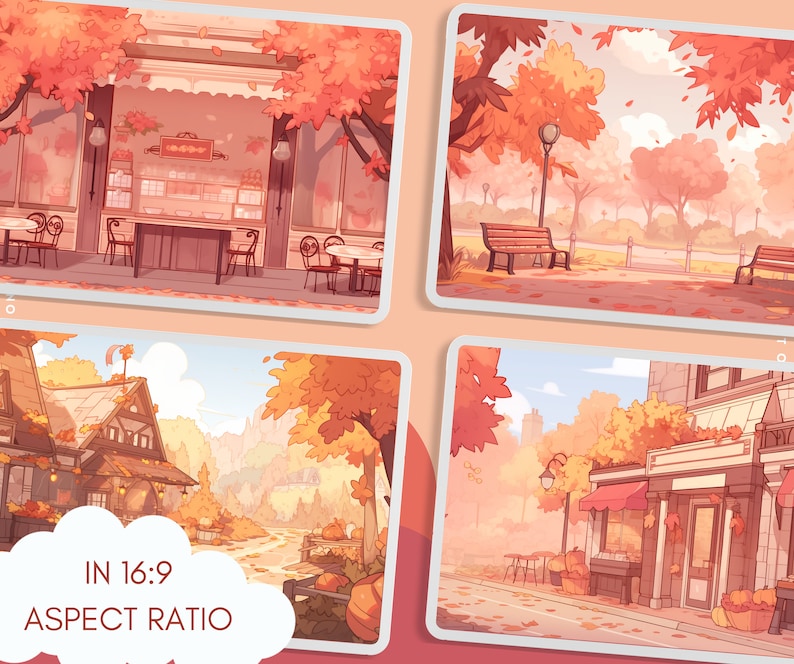 May include: Four digital illustrations of autumn scenes in a 16:9 aspect ratio. The scenes feature a bakery, a park, a country road, and a street with a shop. The illustrations are in a cartoon style with warm colours and a soft, whimsical feel.