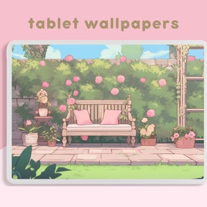 May include: A digital illustration of a tablet wallpaper featuring a wooden bench with pink cushions in a garden setting. The bench is surrounded by green vines with pink flowers and a stone wall. The background is a blue sky with white clouds.