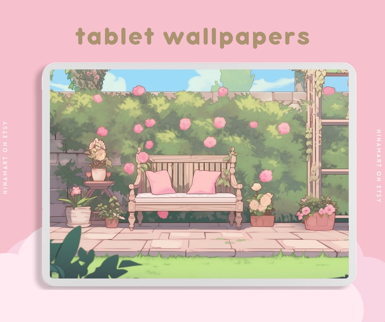 May include: A digital illustration of a tablet wallpaper featuring a wooden bench with pink cushions in a garden setting. The bench is surrounded by green vines with pink flowers and a stone wall. The background is a blue sky with white clouds.