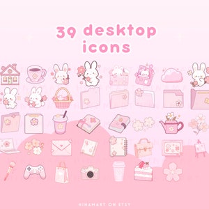 May include: A collection of 39 desktop icons in a soft pink color scheme. The icons feature various illustrations, including bunnies, flowers, and everyday objects like a teacup, laptop, and camera. The text "39 desktop icons" is displayed at the top.