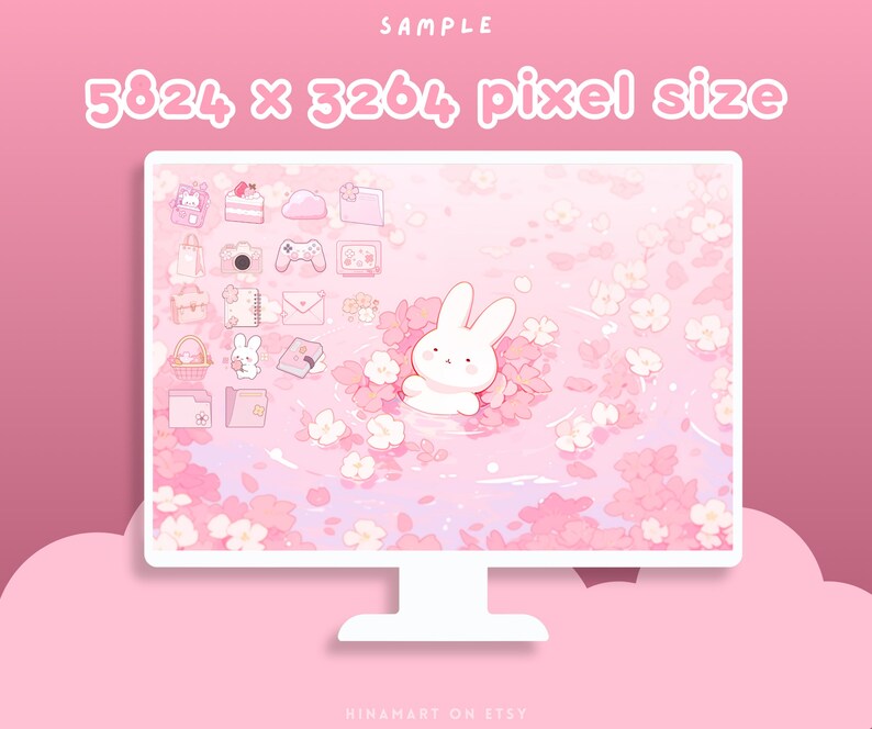 Sakura Bunny Lofi - Conjunto de fondos de pantalla para escritorio, iconos, organizador de escritorio rosa, flores kawaii, carpeta, fondo, paquete estético para Windows y Mac imagen 8