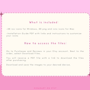 以下が含まれることがあります： ピンクと白のグラフィックで、「What is included:」というテキストがあり、デジタルダウンロードに含まれるアイテムがリストされています。テキストには「How to access the files:」とも書かれており、Etsyからファイルをダウンロードする方法が説明されています。