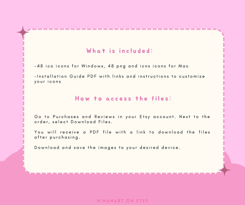以下が含まれることがあります： ピンクと白のグラフィックで、「What is included:」というテキストがあり、デジタルダウンロードに含まれるアイテムがリストされています。テキストには「How to access the files:」とも書かれており、Etsyからファイルをダウンロードする方法が説明されています。