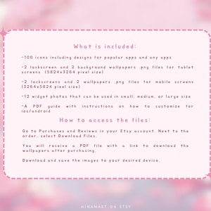 May include: A pink and white digital download product description. The text details 100 app icons, wallpapers, and widget photos. Instructions on how to access the files are also included. The Etsy shop name, HINAMART ON ETSY, is at the bottom.