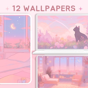 Słodka pastelowa marzycielska tapeta na pulpit różowa estetyczna kawaii anime kwiaty sztuka tapety kot tapeta 4k tapeta na telefon fantazyjna tapeta