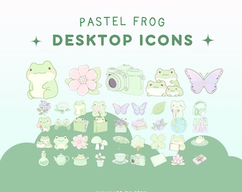 May include: A set of pastel green frog themed desktop icons. The icons include a frog, a camera, a butterfly, a flower, a mushroom, a house, a globe, a book, a teacup, a plant, a leaf, a clover, a notebook, a lotus flower, a game controller, a bottle, a teapot, a headset, and a few other icons.
