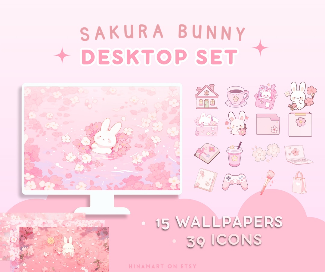 Sakura Bunny Lofi Desktop Set Wallpapers Icons Pink Cute Desktop