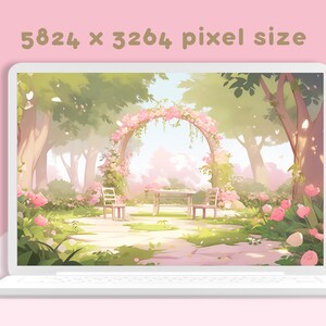 May include: A digital illustration of a whimsical garden scene with a flower archway, two chairs, and a table. The scene is painted in soft pastel colours with a light pink background. The image is 5824 x 3264 pixels.