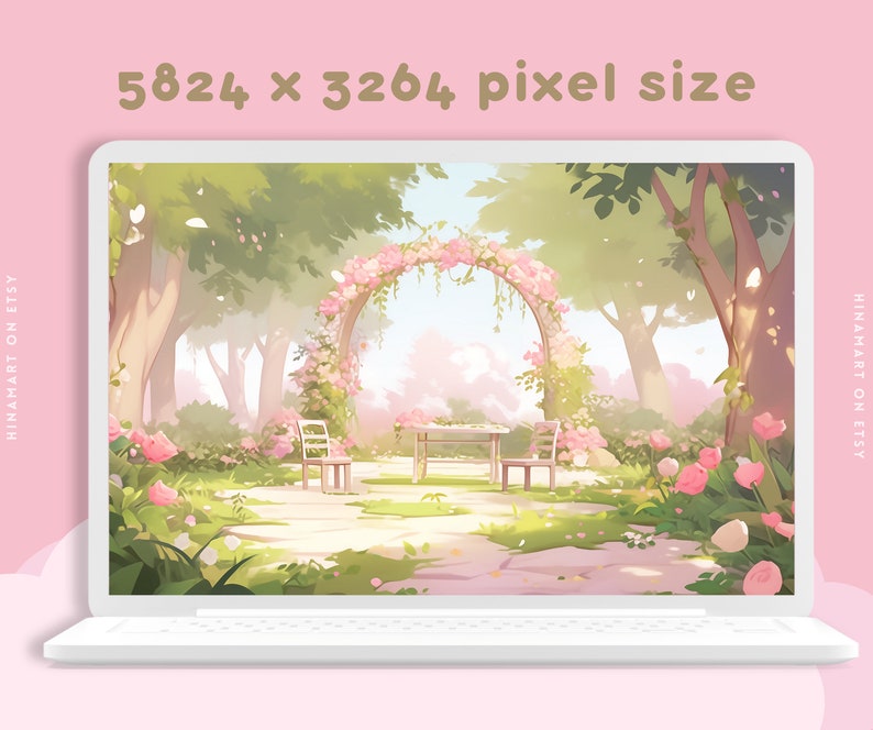 May include: A digital illustration of a whimsical garden scene with a flower archway, two chairs, and a table. The scene is painted in soft pastel colours with a light pink background. The image is 5824 x 3264 pixels.