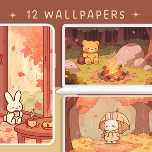 May include: A set of 12 digital wallpapers featuring cute cartoon animals in autumnal settings. The wallpapers include a bear sitting by a campfire, a bunny holding a cup of tea, and a bunny with an umbrella walking through falling leaves.