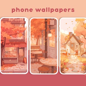 May include: Three phone wallpapers featuring autumn scenes. The first wallpaper shows a shop front with autumn foliage, the second shows a cafe with autumn foliage, and the third shows a small house with a path leading to it.