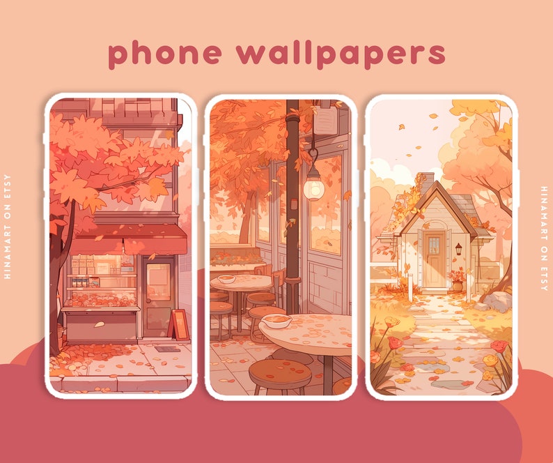 May include: Three phone wallpapers featuring autumn scenes. The first wallpaper shows a shop front with autumn foliage, the second shows a cafe with autumn foliage, and the third shows a small house with a path leading to it.