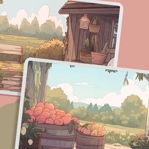 May include: A cartoon illustration of a countryside scene with a wooden shed, a bench, a path, and a field of green grass. There are trees and bushes in the background. The shed has a wooden door and a window. There are plants growing in pots on the porch of the shed.