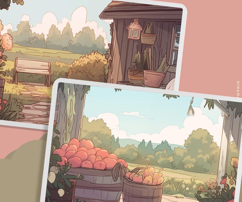 May include: A cartoon illustration of a countryside scene with a wooden shed, a bench, a path, and a field of green grass. There are trees and bushes in the background. The shed has a wooden door and a window. There are plants growing in pots on the porch of the shed.