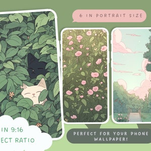 May include: Three phone wallpapers featuring nature scenes. The first wallpaper shows a black and white cat peeking out from behind green leaves. The second wallpaper shows a field of pink flowers. The third wallpaper shows a path leading up a set of stairs through a forest.