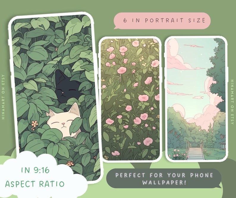 May include: Three phone wallpapers featuring nature scenes. The first wallpaper shows a black and white cat peeking out from behind green leaves. The second wallpaper shows a field of pink flowers. The third wallpaper shows a path leading up a set of stairs through a forest.
