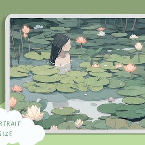 May include: A digital illustration of a person with long black hair floating in a pond with lily pads and pink flowers. The water is a light blue color and the lily pads are green.