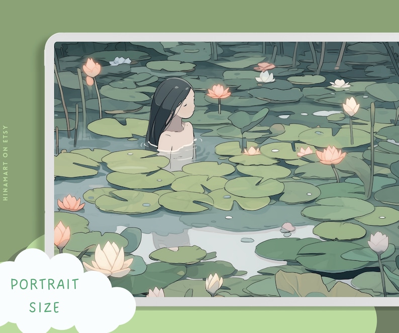 May include: A digital illustration of a person with long black hair floating in a pond with lily pads and pink flowers. The water is a light blue color and the lily pads are green.