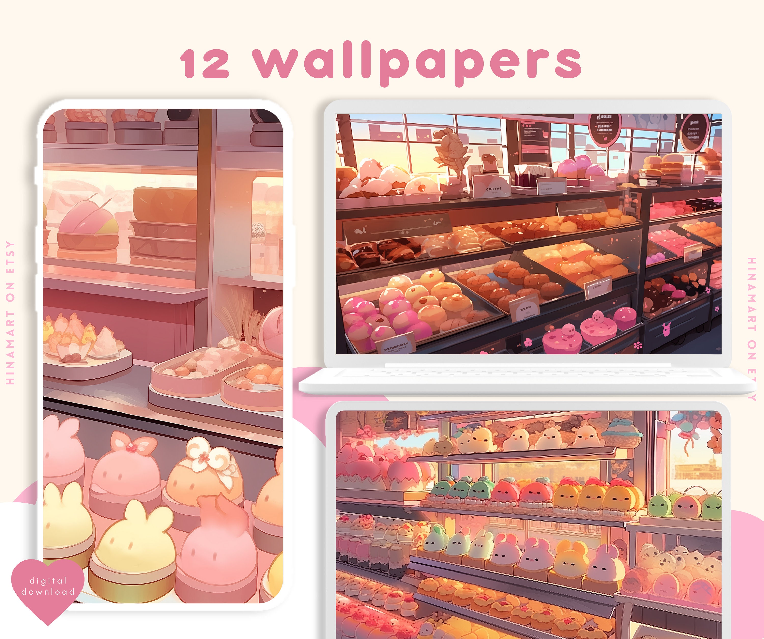 lofi pink aesthetic cute desserts wallpapers bundle pack food japanese kawaii background desktop tablet phone digital download pastel soft