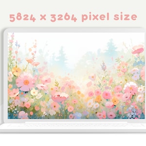 May include: A digital illustration of a field of pink, white, and yellow flowers with a soft, watercolor-like effect. The background is a light blue sky with white clouds.