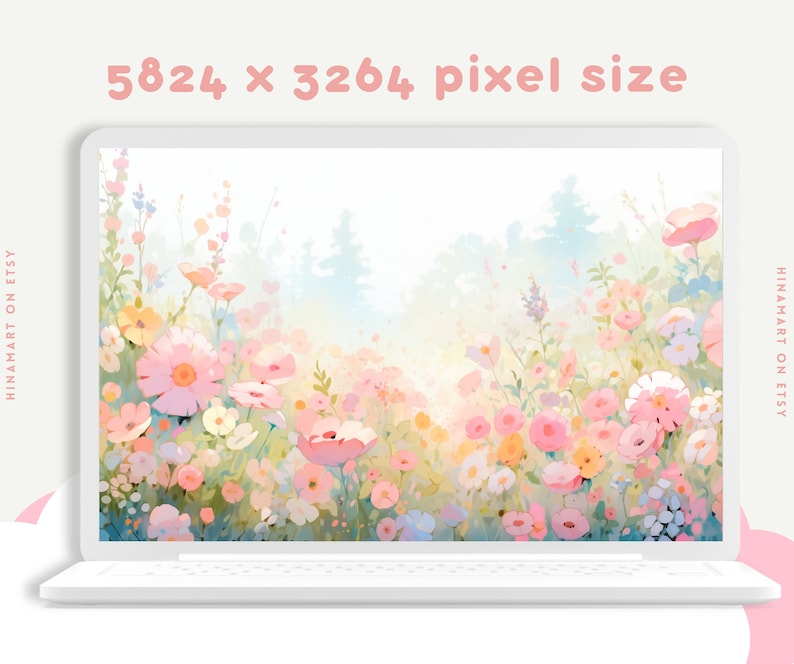 May include: A digital illustration of a field of pink, white, and yellow flowers with a soft, watercolor-like effect. The background is a light blue sky with white clouds.