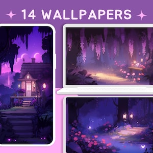 Paars fantasiewereld-achtergronden anime-achtergronden schattig behang esthetische bureaubladachtergrond kawaii-behang heksenblauwe blauweregen behang lofi